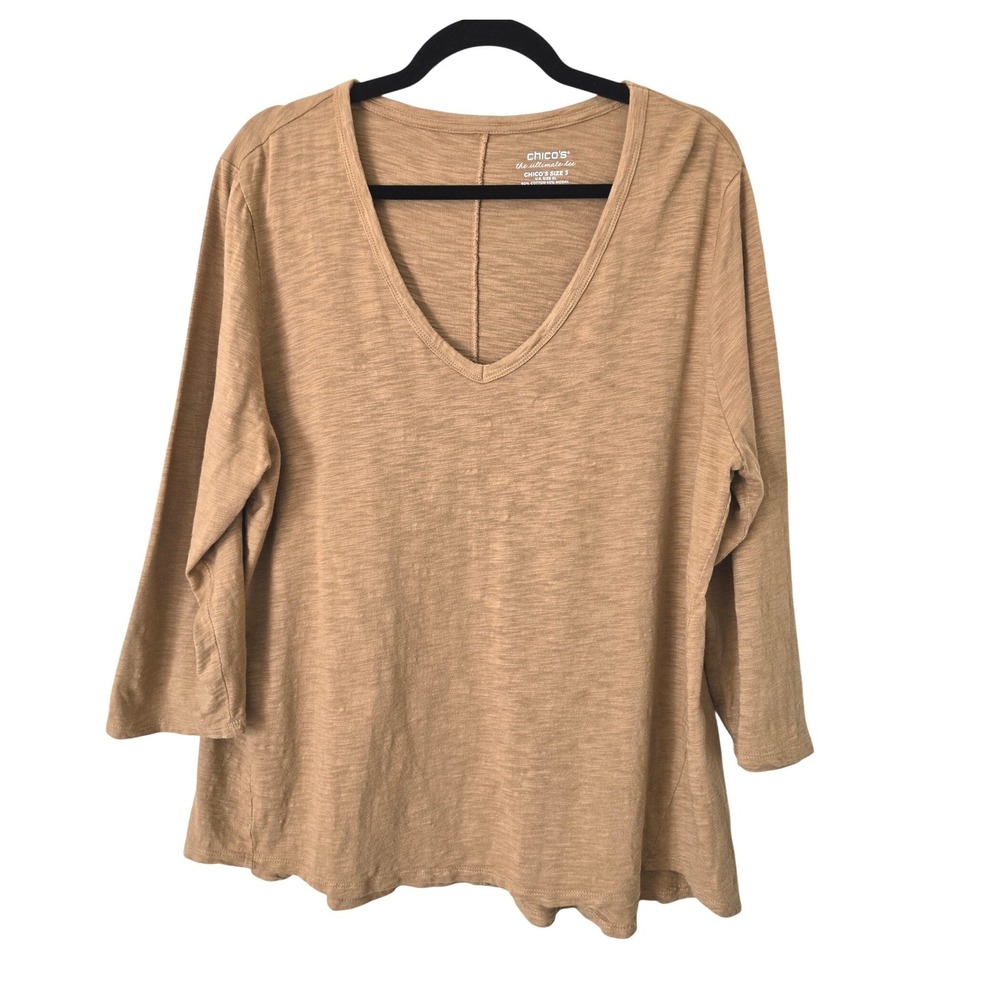 Chico's Women XL Ultimate Tee Brown 3/4 Sleeve V-Neck Slub Cotton Modal Top